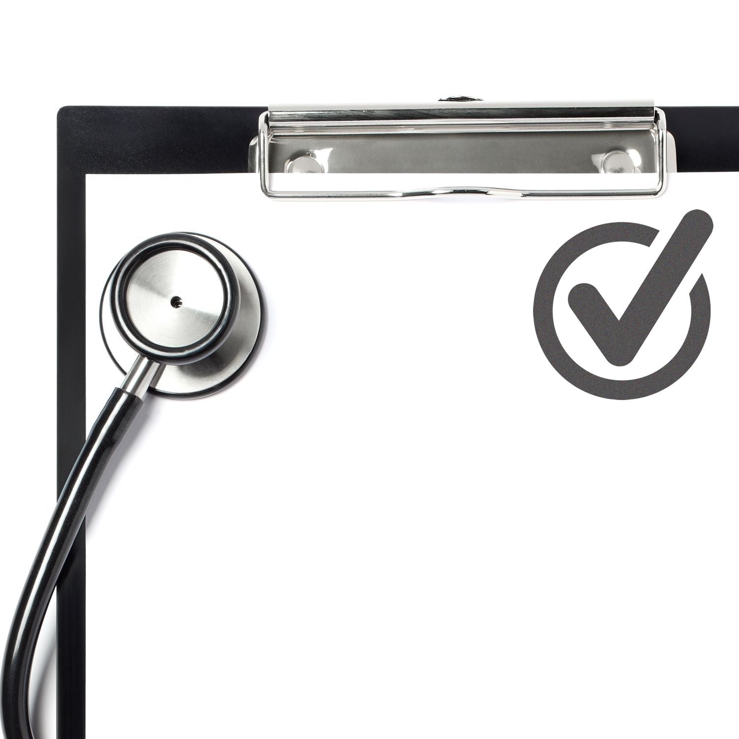 A stethoscope on a clipboard with a checkmark stamped using the Custom Self Inking Stamp Trodat 4642 Size 1-5/8 Diameter.