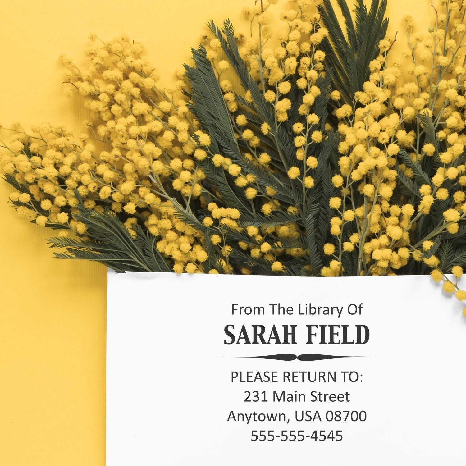 Custom Rubber Stamp Size 4 x 4 used on a white envelope with yellow flowers in the background. Text reads From the Library of Sarah Field.