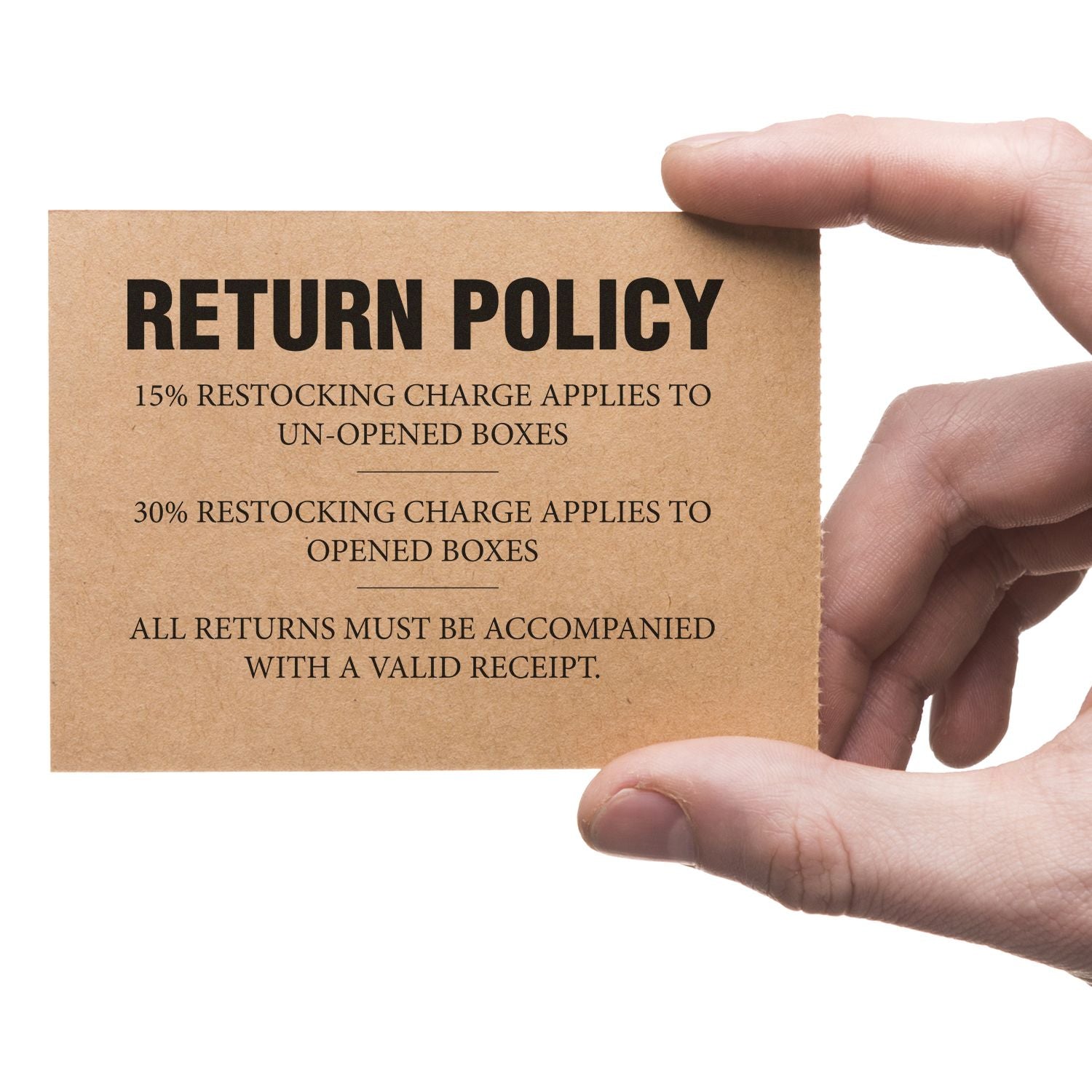 A hand holding a card with a return policy stamped using a 7 Line Custom Rubber Stamp with Wood Handle.