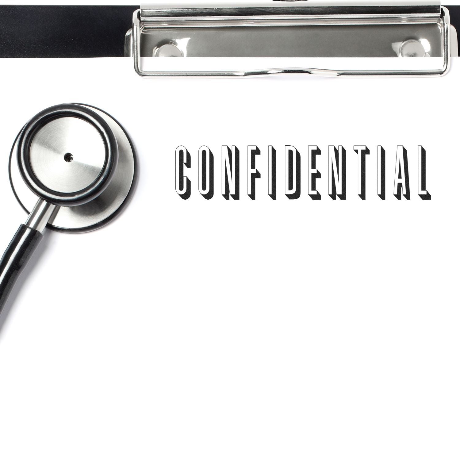 A Custom Rubber Stamp Size 1-1/2 x 5 imprinting CONFIDENTIAL on a white paper with a stethoscope and clipboard nearby.