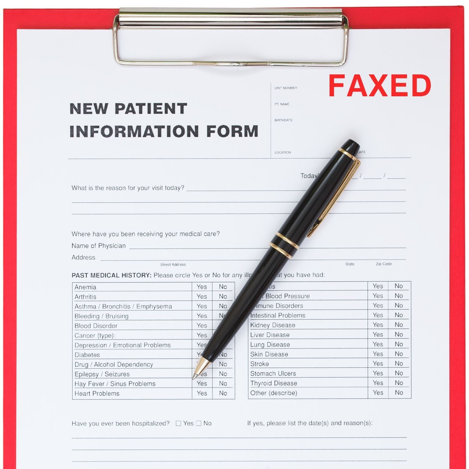 A Custom Rubber Stamp Size 1 x 4 is used to mark FAXED in red on a new patient information form with a black pen placed on the form.