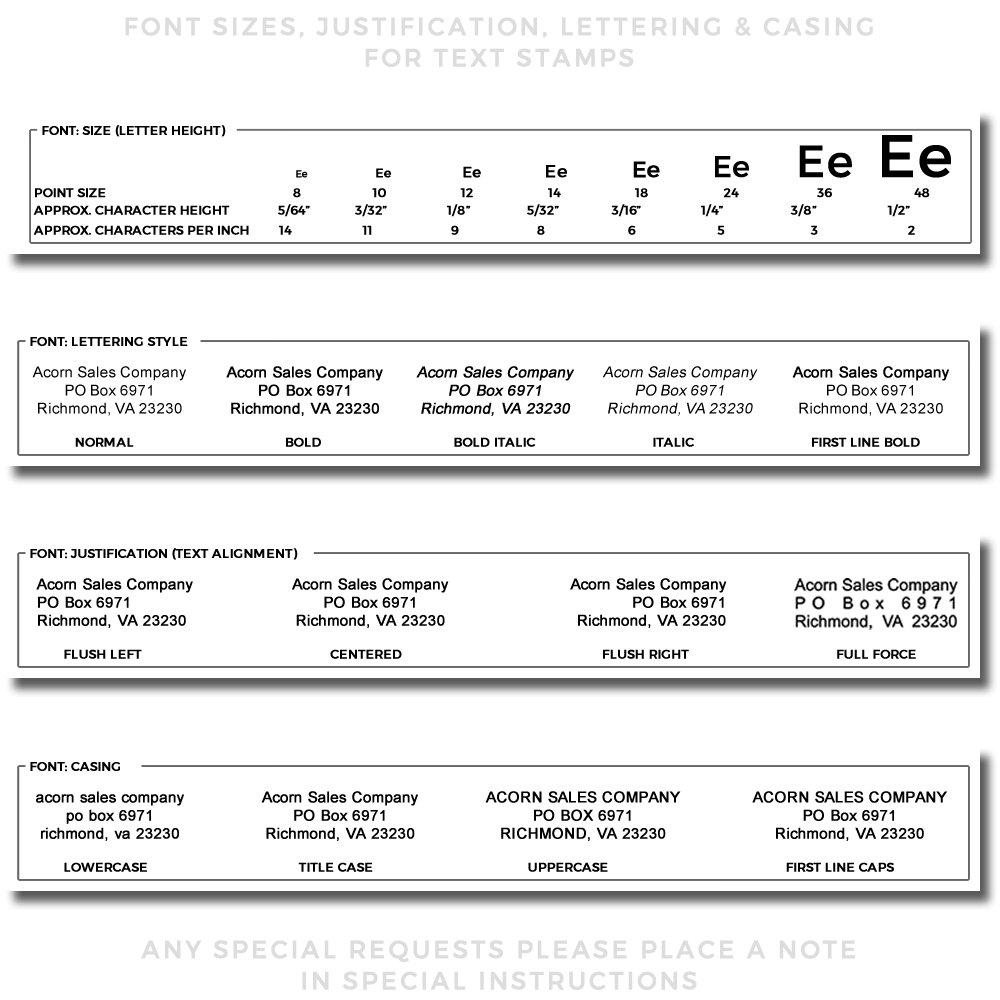 Image showing font sizes, lettering styles, justification, and casing options for Custom Rubber Stamp Size 1-1/2 x 1-1/2.