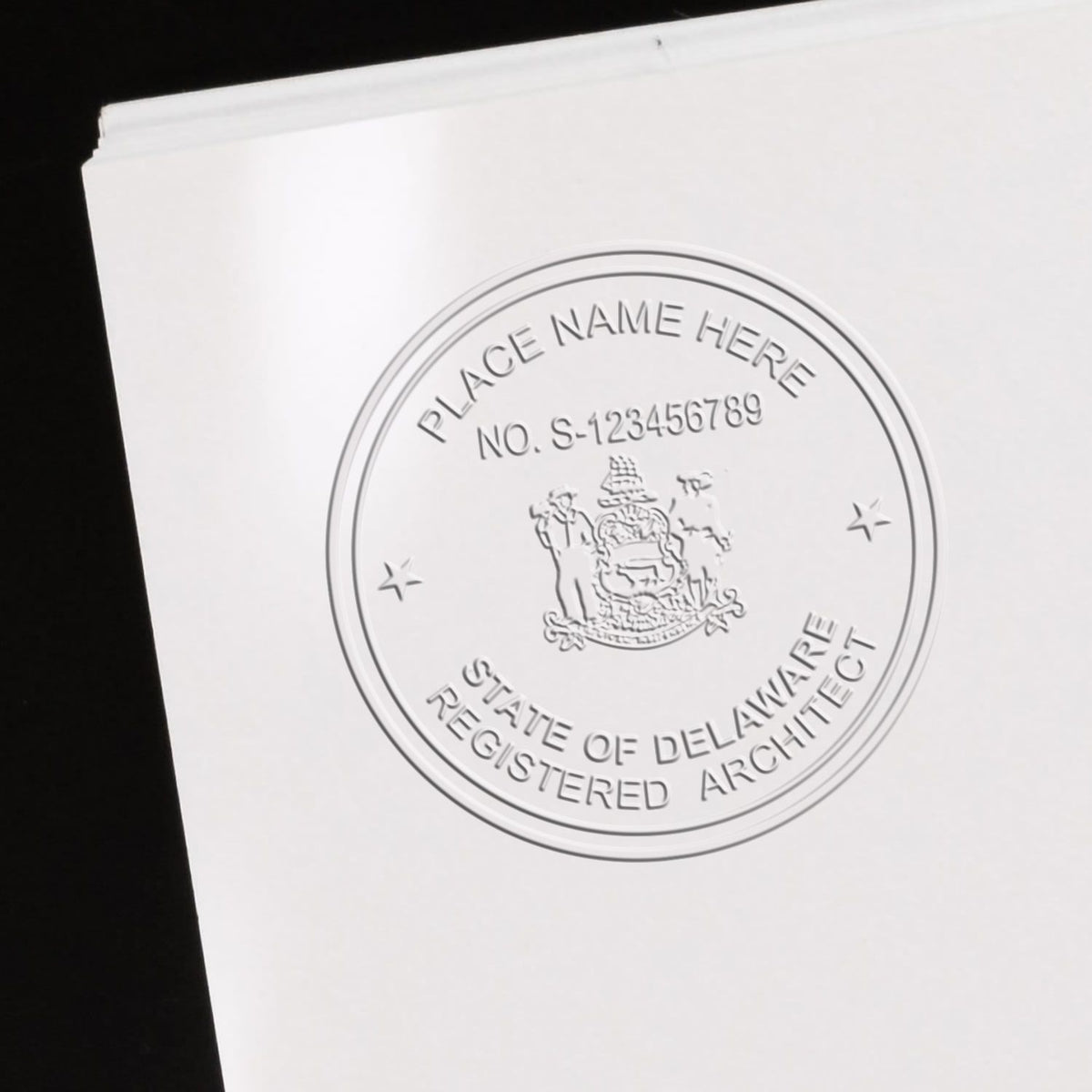 This paper is stamped with a sample imprint of the Extended Long Reach Delaware Architect Seal Embosser, signifying its quality and reliability.
