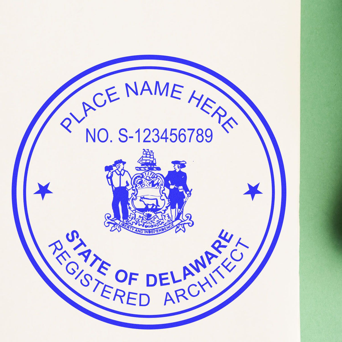 Slim Pre-Inked Delaware Architect Seal Stamp in use photo showing a stamped imprint of the Slim Pre-Inked Delaware Architect Seal Stamp