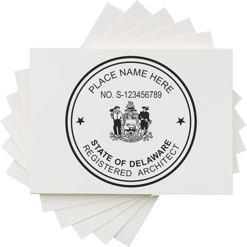 A lifestyle photo showing a stamped image of the Slim Pre-Inked Delaware Architect Seal Stamp on a piece of paper