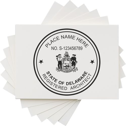 Self Inking Delaware Architect Stamp with customizable name and number, featuring the State of Delaware Registered Architect seal.