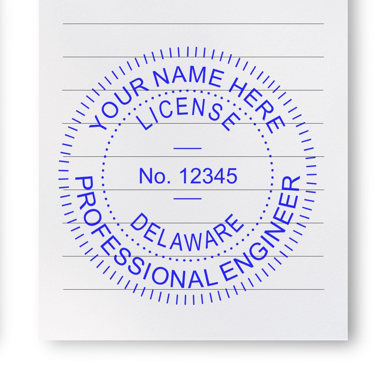 A lifestyle photo showing a stamped image of the Premium MaxLight Pre-Inked Delaware Engineering Stamp on a piece of paper