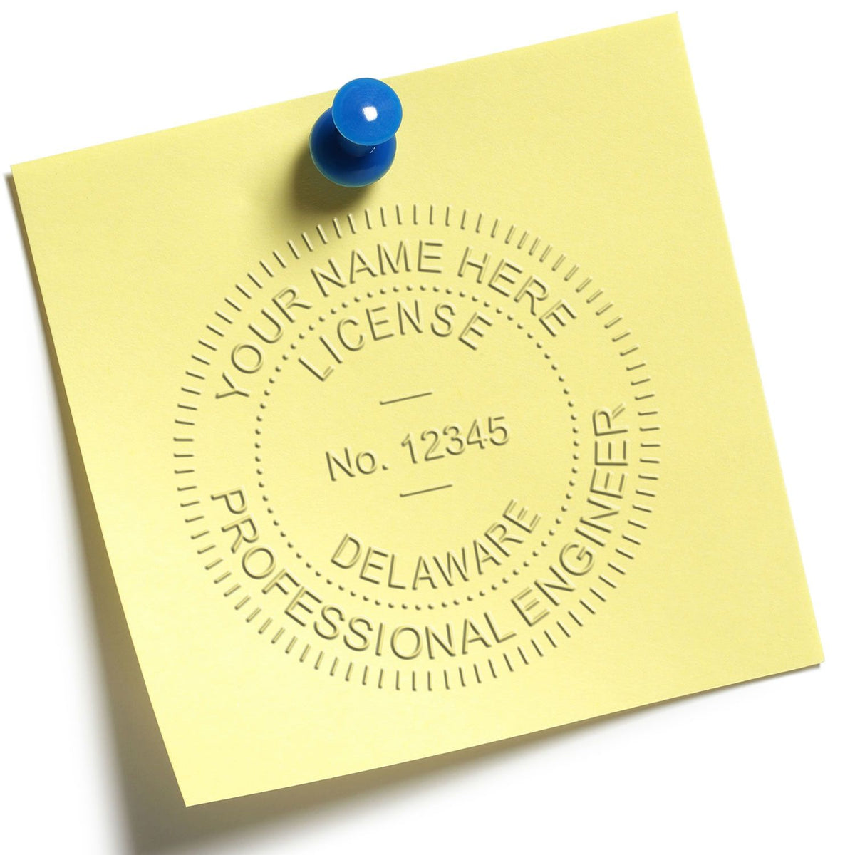 A photograph of the Heavy Duty Cast Iron Delaware Engineer Seal Embosser stamp impression reveals a vivid, professional image of the on paper.
