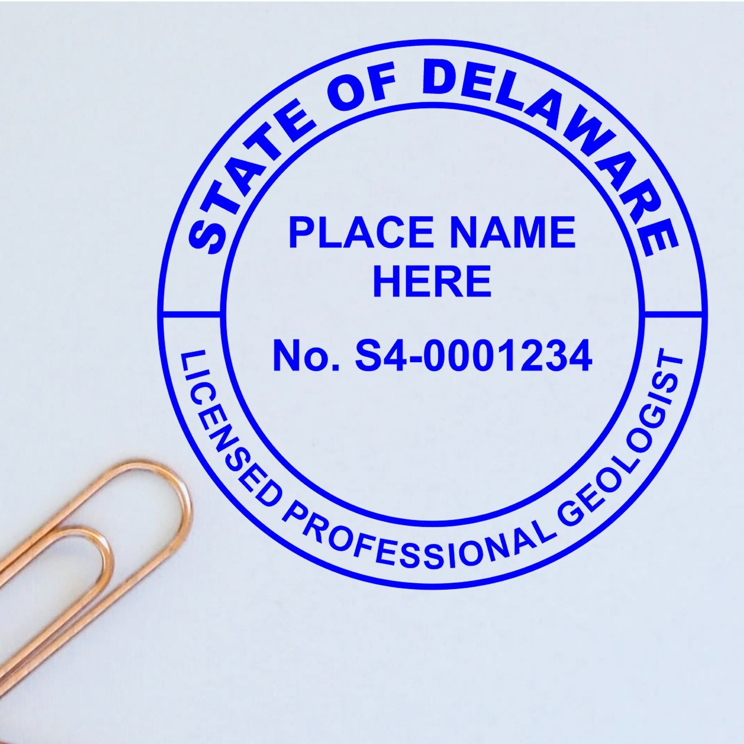 The Slim Pre-Inked Delaware Professional Geologist Seal Stamp impression comes to life with a crisp, detailed image stamped on paper - showcasing true professional quality.