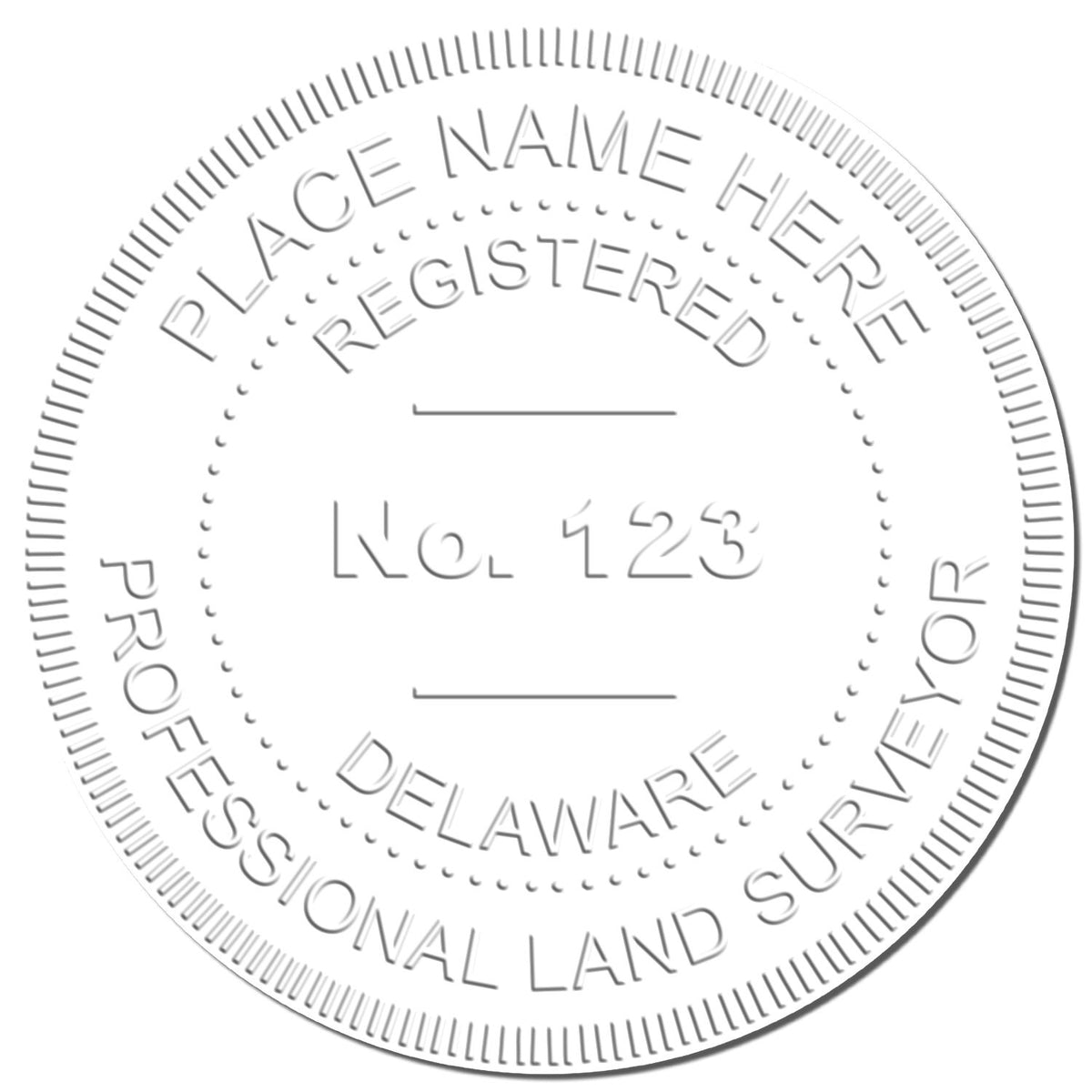 This paper is stamped with a sample imprint of the State of Delaware Soft Land Surveyor Embossing Seal, signifying its quality and reliability.