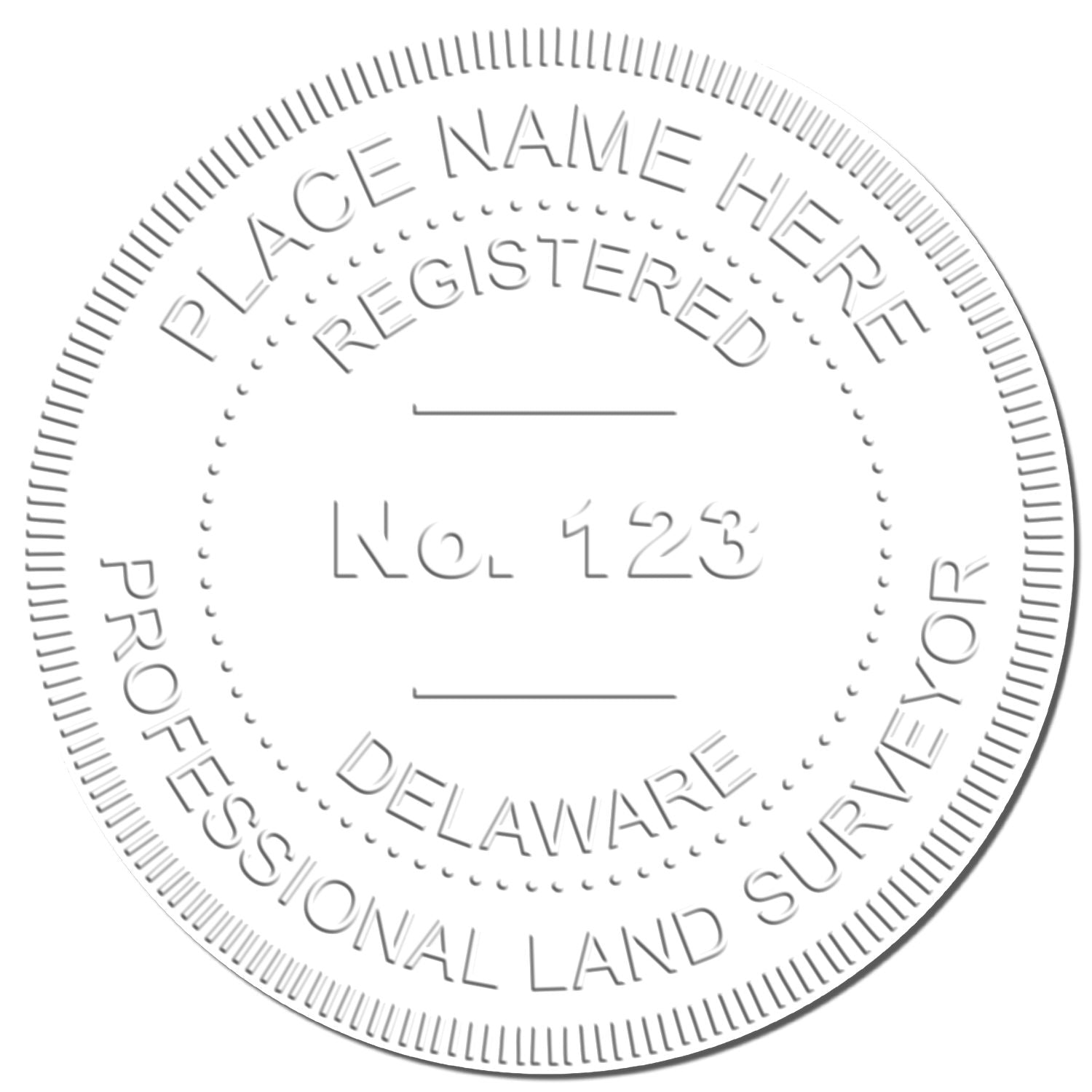 This paper is stamped with a sample imprint of the Extended Long Reach Delaware Surveyor Embosser, signifying its quality and reliability.