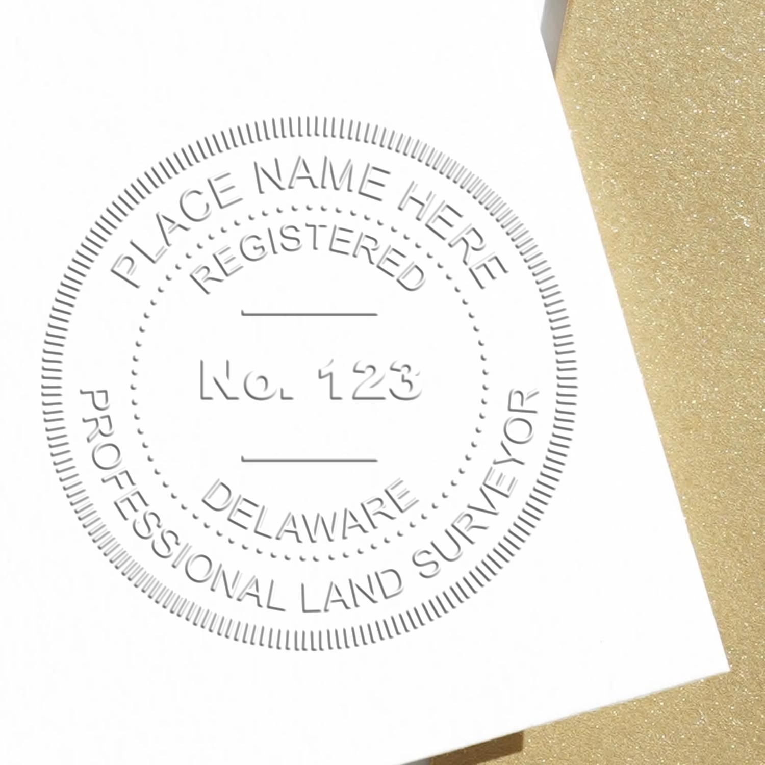 The main image for the Delaware Desk Surveyor Seal Embosser depicting a sample of the imprint and electronic files