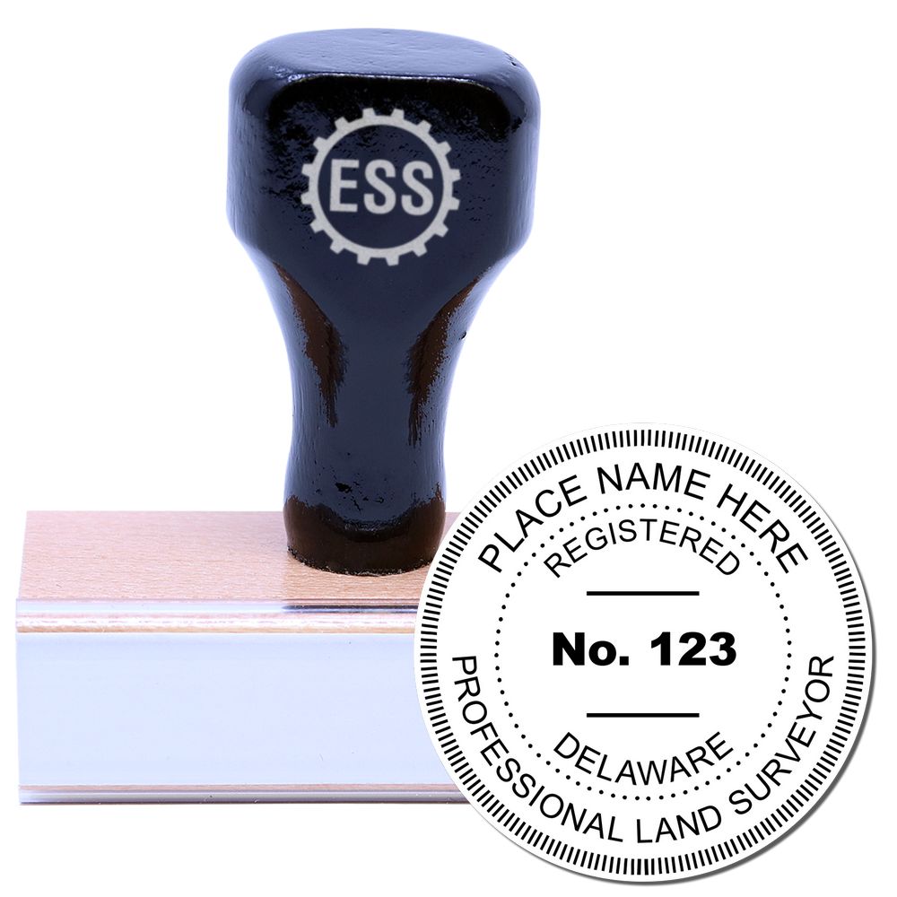 Delaware Land Surveyor Seal Stamp, DE PLS Stamp with a wooden handle and a circular imprint showing registration details for professional land surveyors.