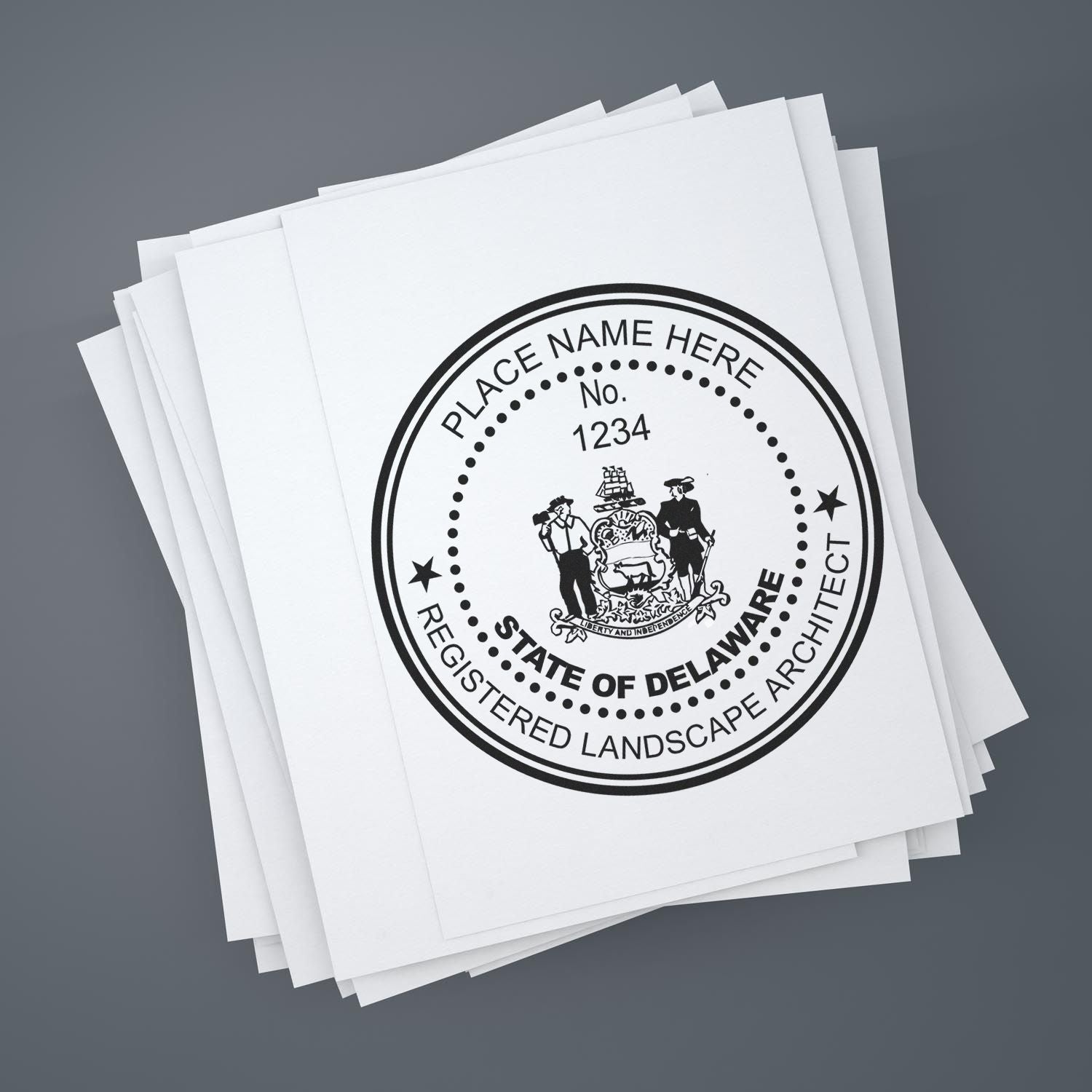 The main image for the Digital Delaware Landscape Architect Stamp depicting a sample of the imprint and electronic files