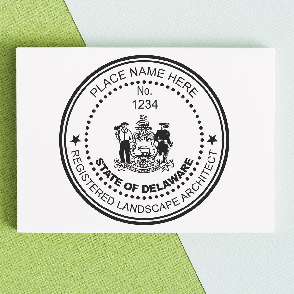 A stamped impression of the Digital Delaware Landscape Architect Stamp in this stylish lifestyle photo, setting the tone for a unique and personalized product.