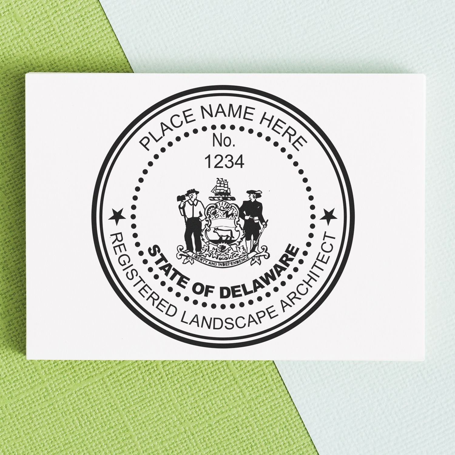 This paper is stamped with a sample imprint of the Slim Pre-Inked Delaware Landscape Architect Seal Stamp, signifying its quality and reliability.