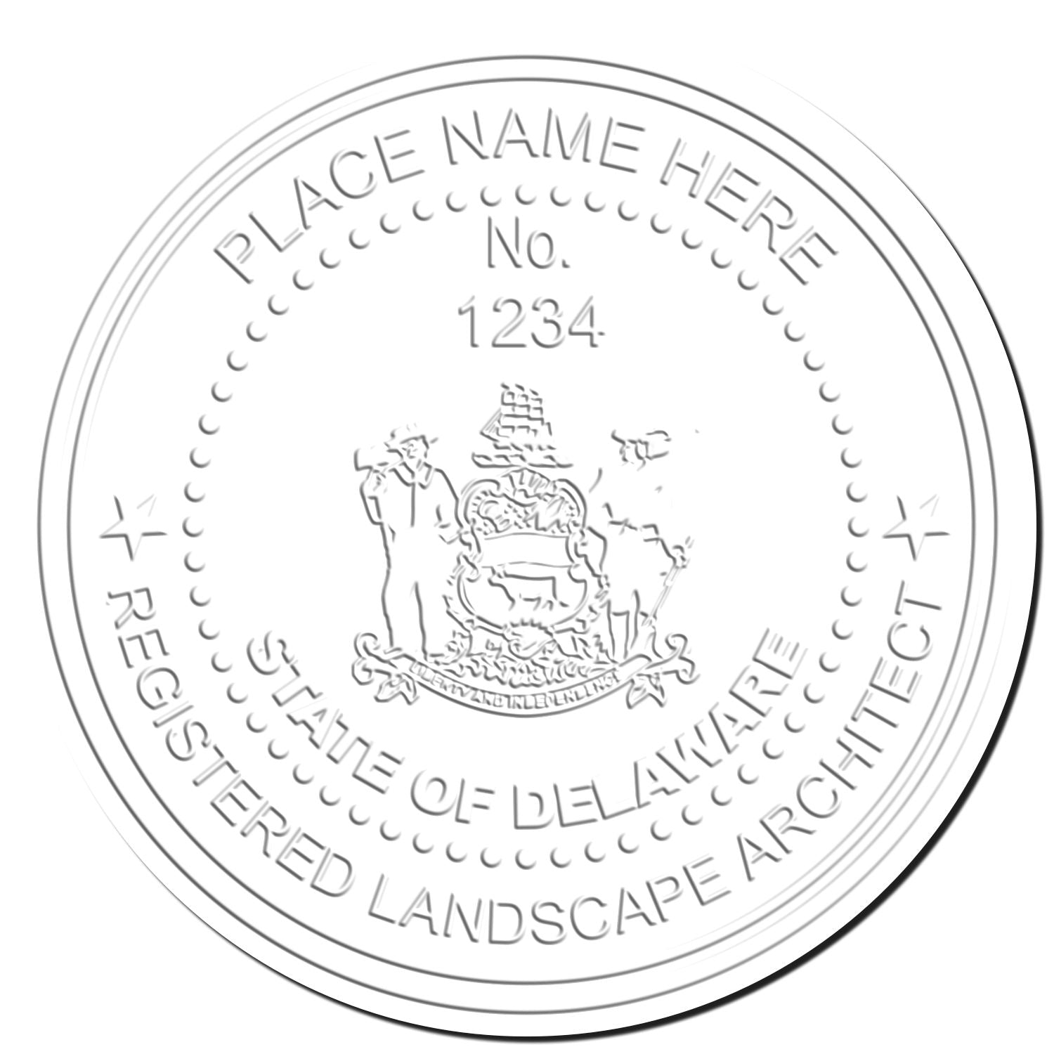 This paper is stamped with a sample imprint of the Delaware Long Reach Landscape Architect Embossing Stamp, signifying its quality and reliability.