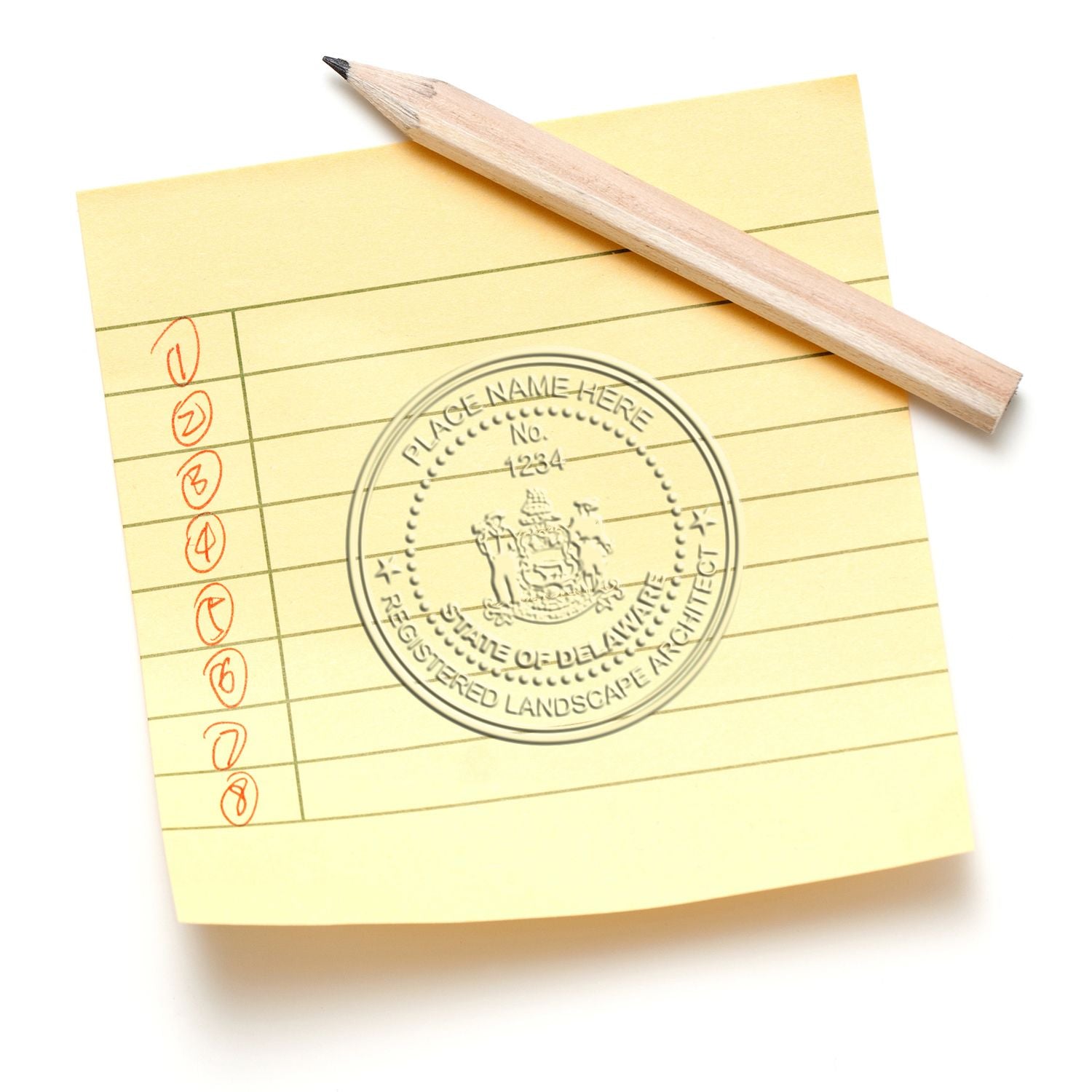 A lifestyle photo showing a stamped image of the State of Delaware Extended Long Reach Landscape Architect Seal Embosser on a piece of paper