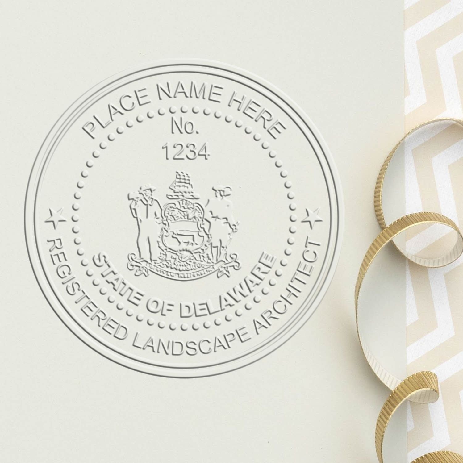 A stamped impression of the State of Delaware Handheld Landscape Architect Seal in this stylish lifestyle photo, setting the tone for a unique and personalized product.