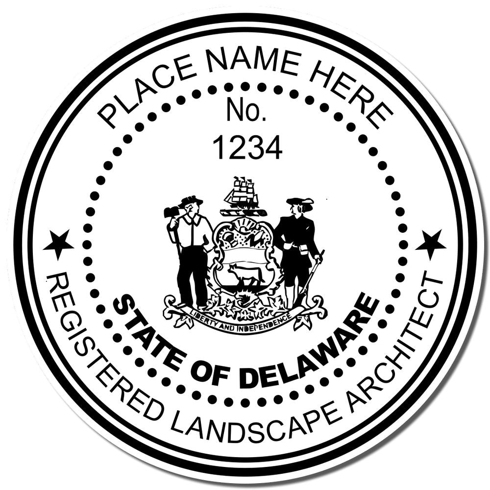 The main image for the Slim Pre-Inked Delaware Landscape Architect Seal Stamp depicting a sample of the imprint and electronic files