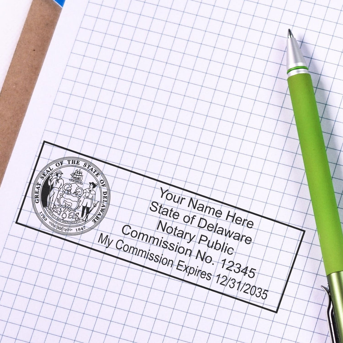 The Slim Pre-Inked State Seal Notary Stamp for Delaware stamp impression comes to life with a crisp, detailed photo on paper - showcasing true professional quality.