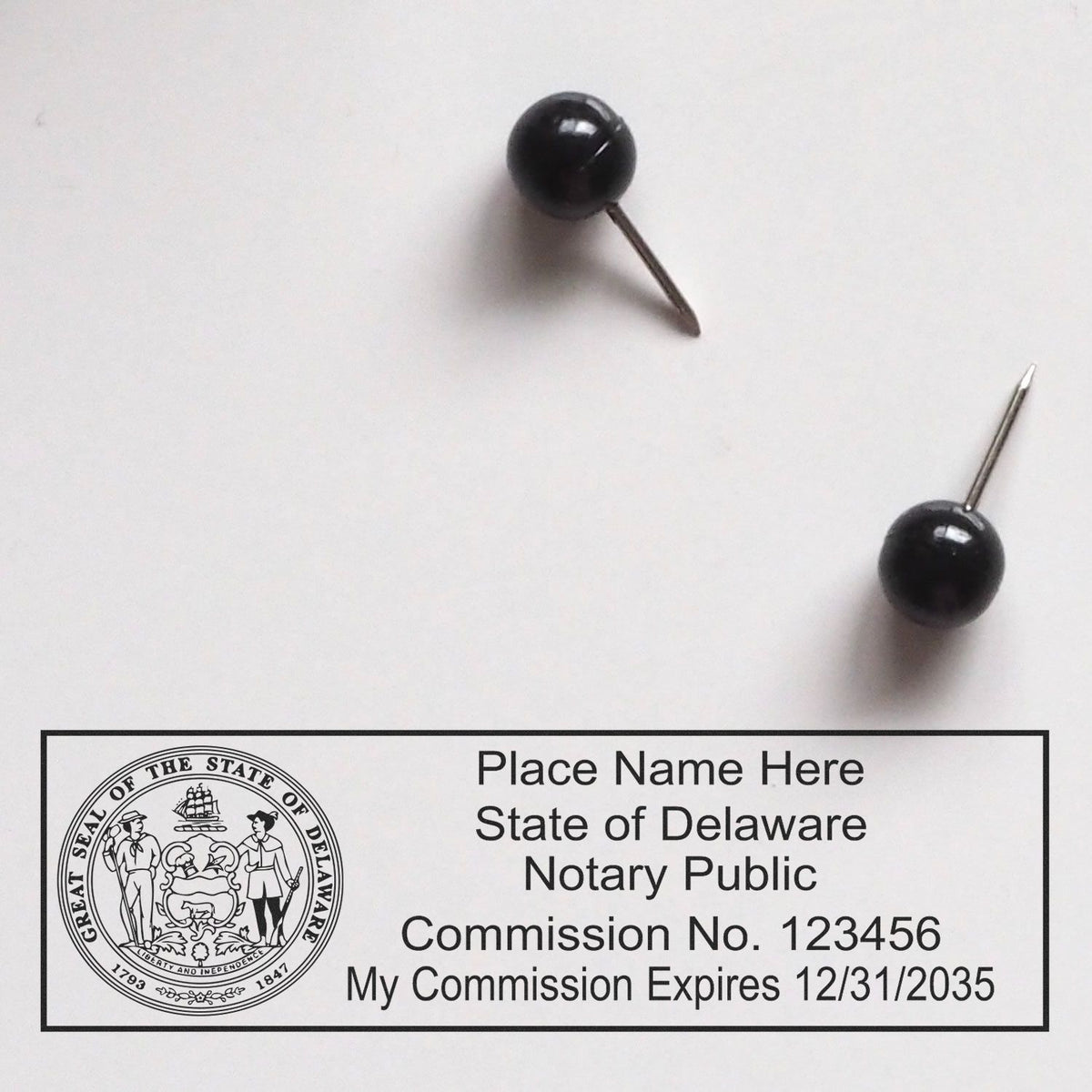 A lifestyle photo showing a stamped image of the MaxLight Premium Pre-Inked Delaware State Seal Notarial Stamp on a piece of paper