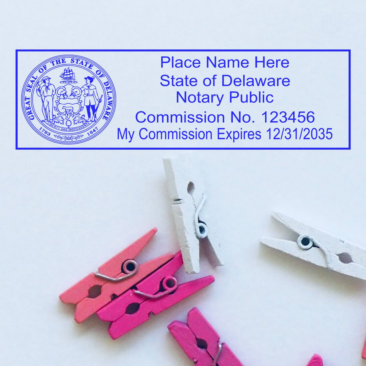 This paper is stamped with a sample imprint of the Wooden Handle Delaware State Seal Notary Public Stamp, signifying its quality and reliability.
