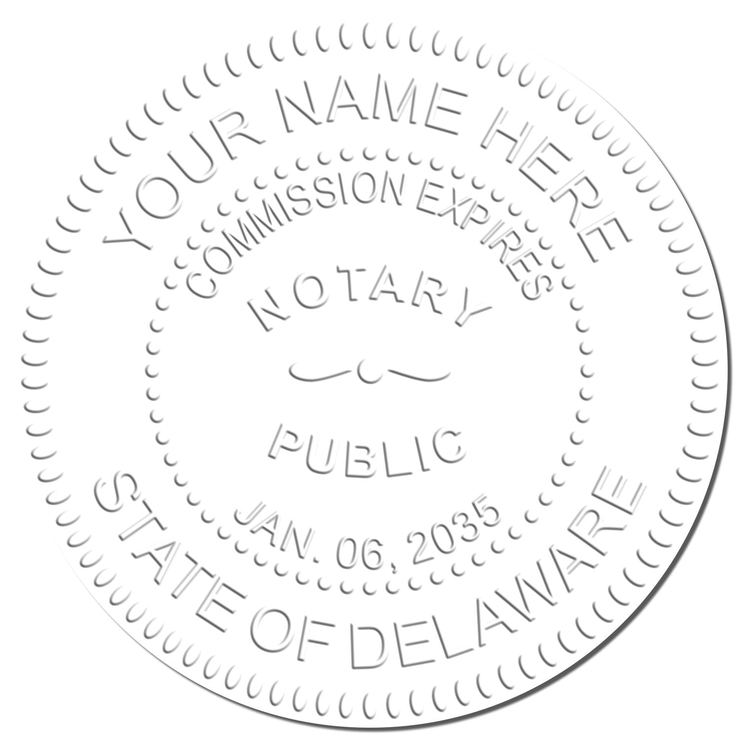 This paper is stamped with a sample imprint of the Delaware Handheld Notary Seal Embosser, signifying its quality and reliability.