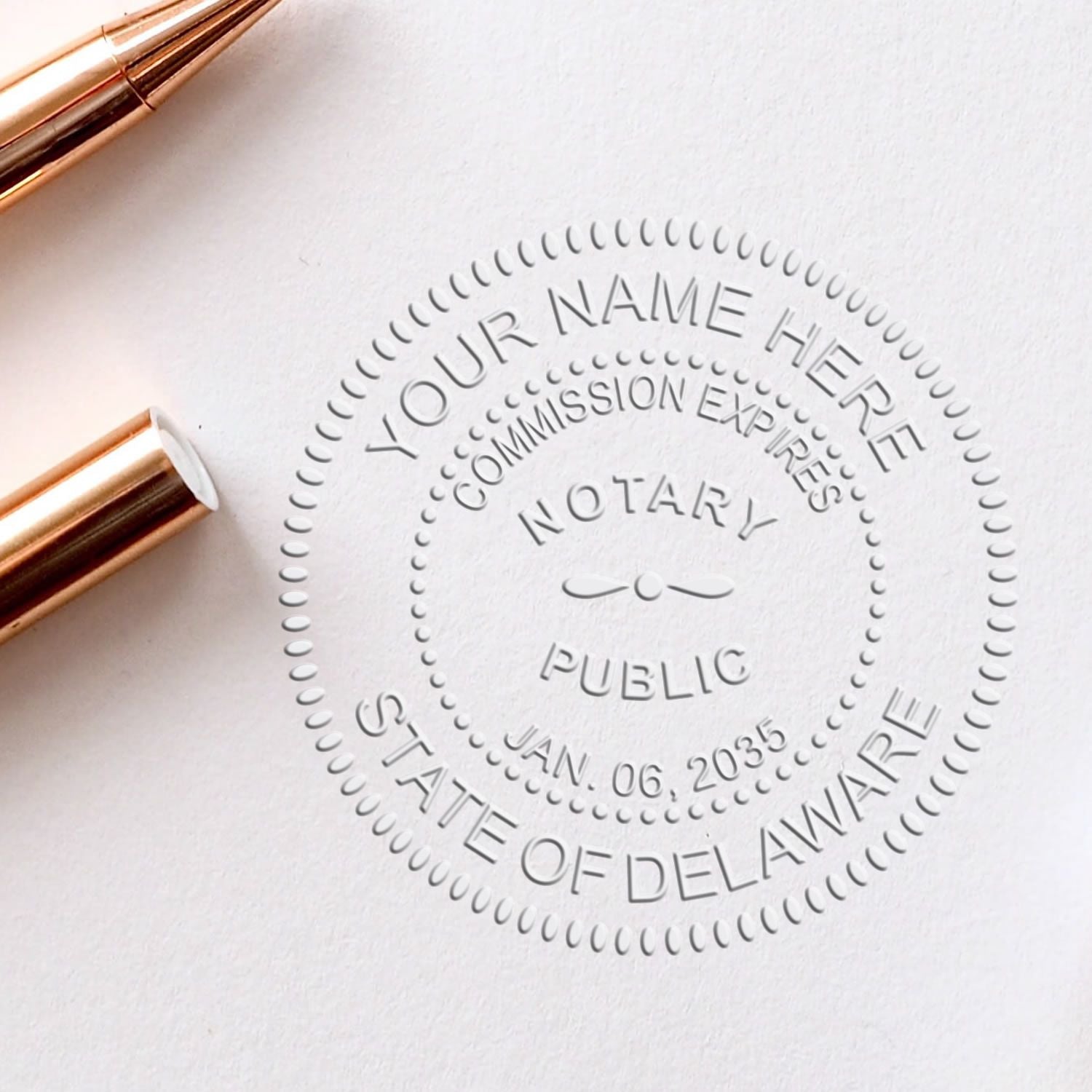 A stamped impression of the Delaware Desk Notary Public Seal in this stylish lifestyle photo, setting the tone for a unique and personalized product.