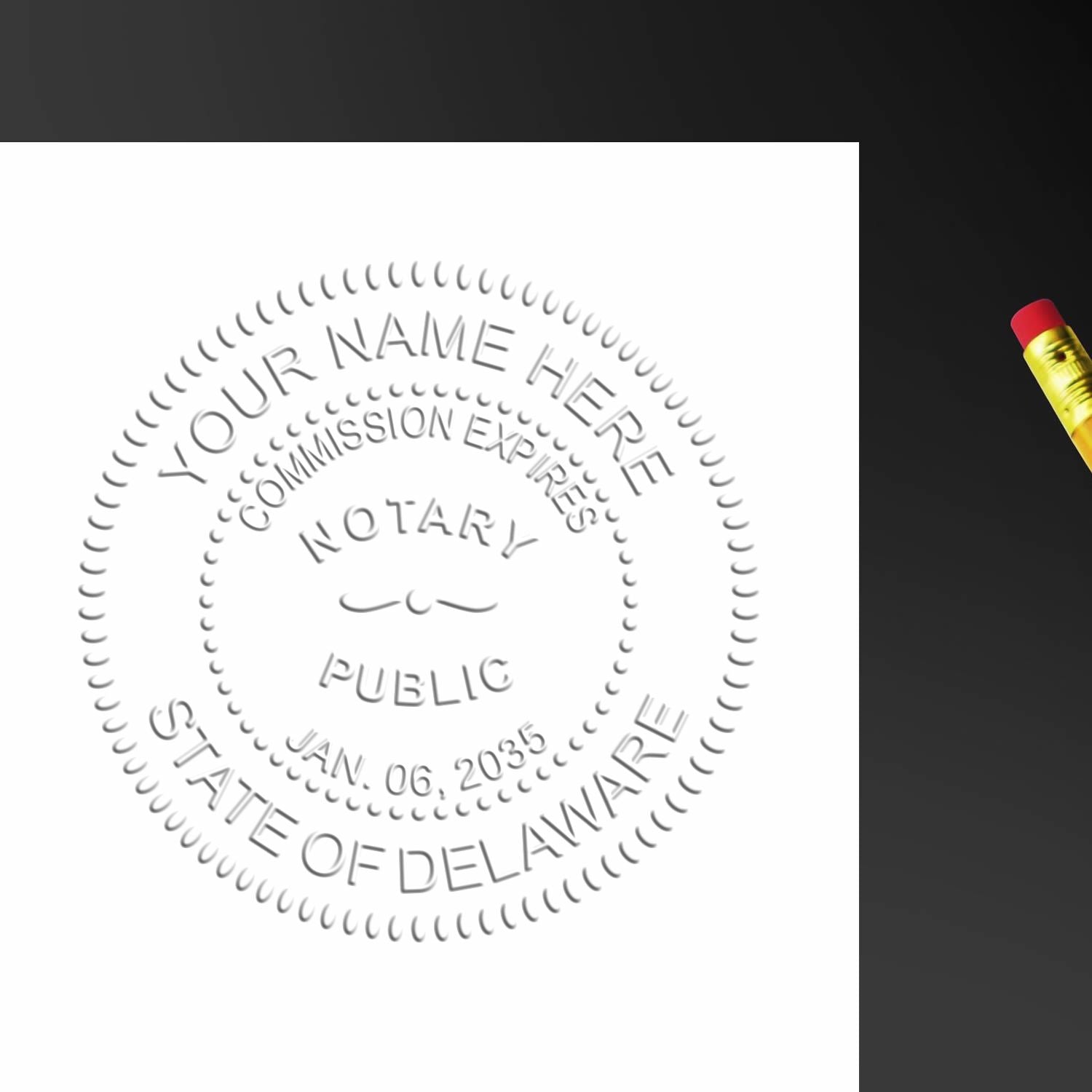 A photograph of the Delaware Desk Notary Public Seal stamp impression reveals a vivid, professional image of the on paper.