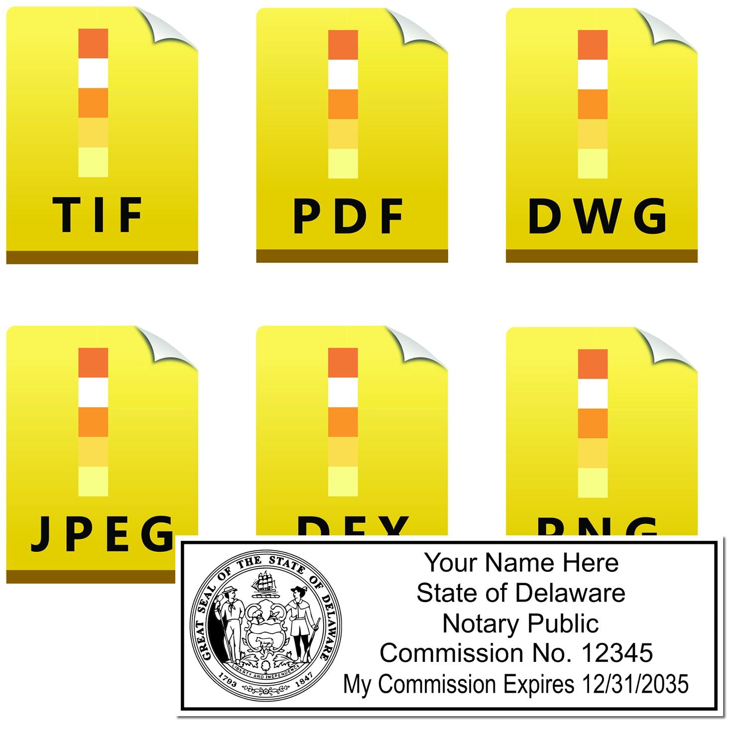 The main image for the Delaware Rectangular Digital Notary Seal depicting a sample of the imprint and electronic files