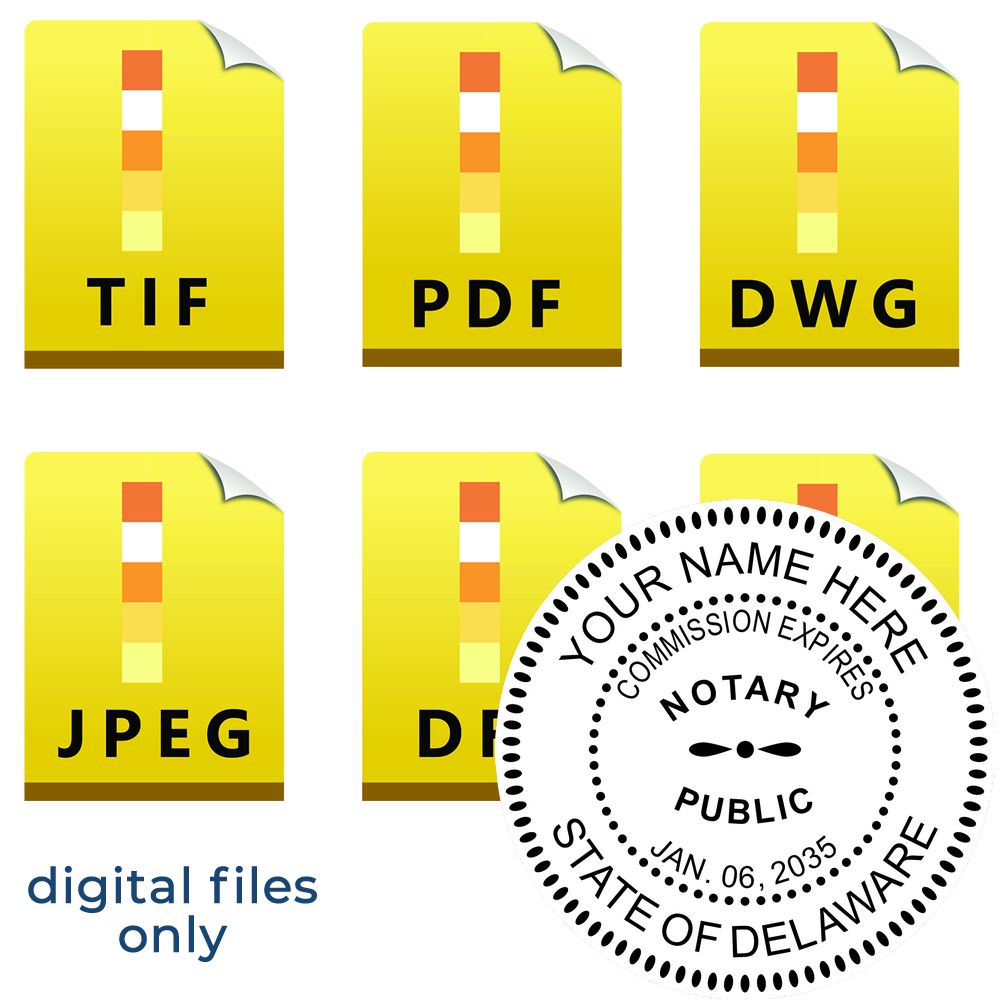 The main image for the Delaware Round Electronic Notary Stamp depicting a sample of the imprint and electronic files