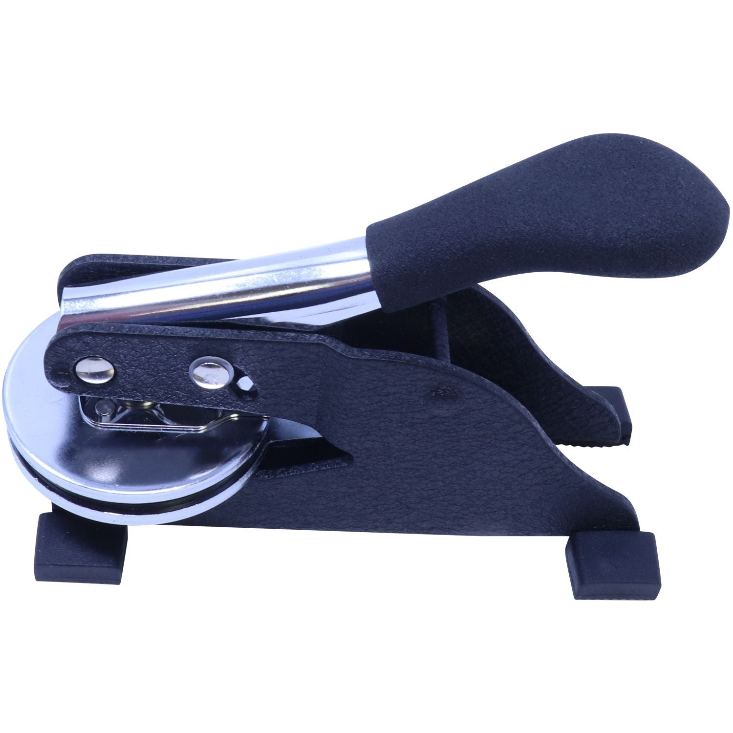 Professional Engineer Desk Seal Embosser with a black handle and metal components, designed for creating embossed imprints. The embosser is angled, showing its sturdy construction and ergonomic design.