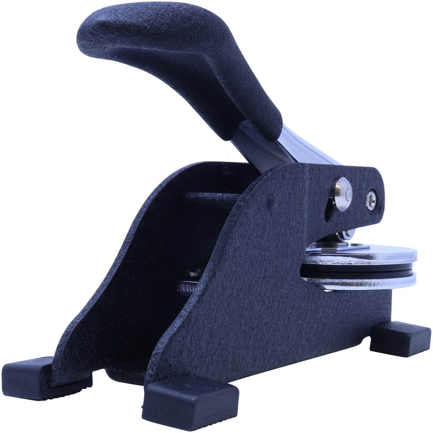 A black Professional Engineer Desk Seal Embosser with a textured handle and sturdy base, designed for creating embossed imprints on documents. The embosser is shown from the back left side view.