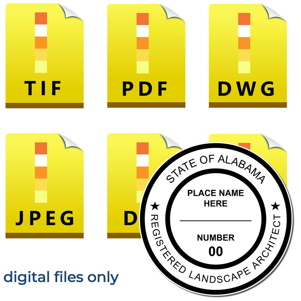 The main image for the Digital Alabama Landscape Architect Stamp depicting a sample of the imprint and electronic files
