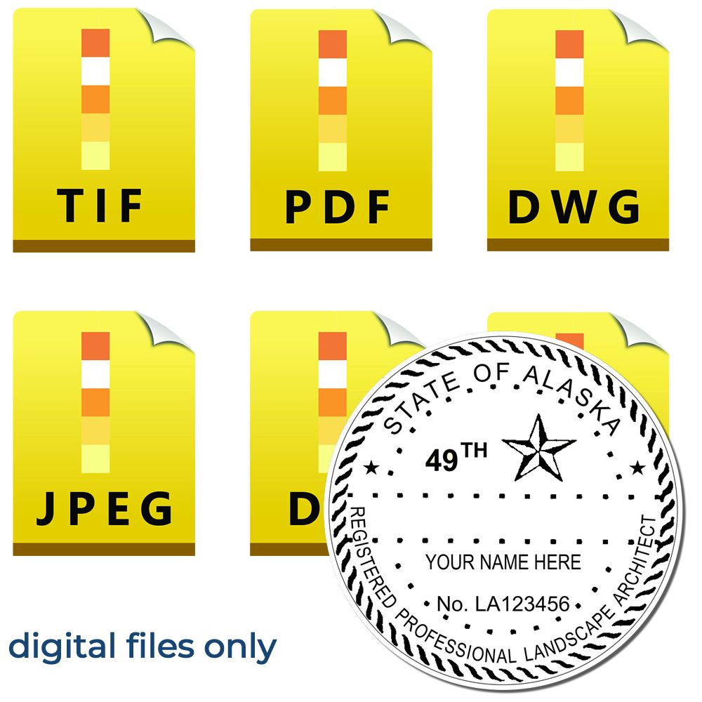 The main image for the Digital Alaska Landscape Architect Stamp depicting a sample of the imprint and electronic files