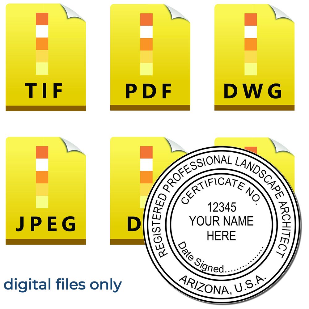 The main image for the Digital Arizona Landscape Architect Stamp depicting a sample of the imprint and electronic files