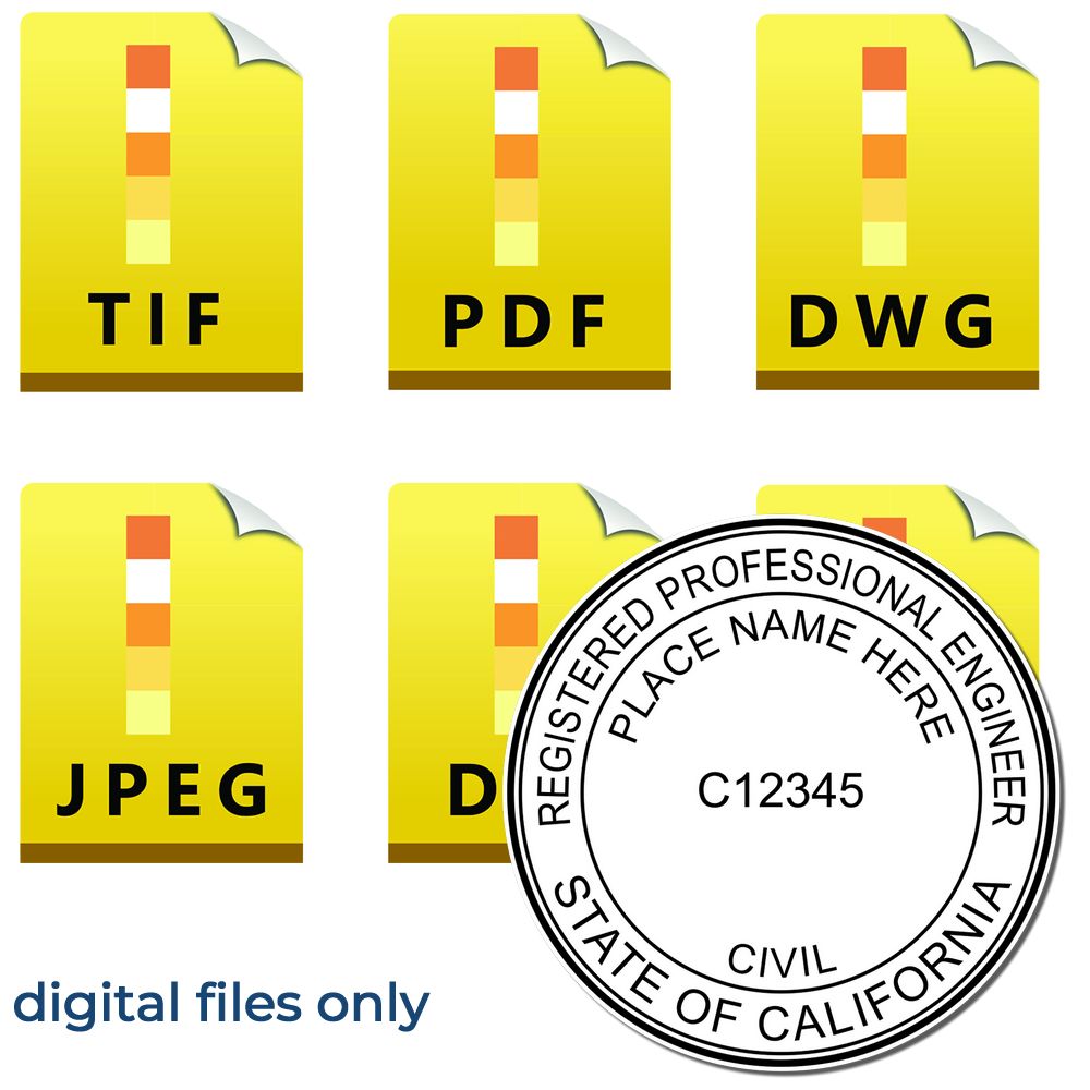 The main image for the Digital California PE Stamp and Electronic Seal for California Engineer depicting a sample of the imprint and electronic files