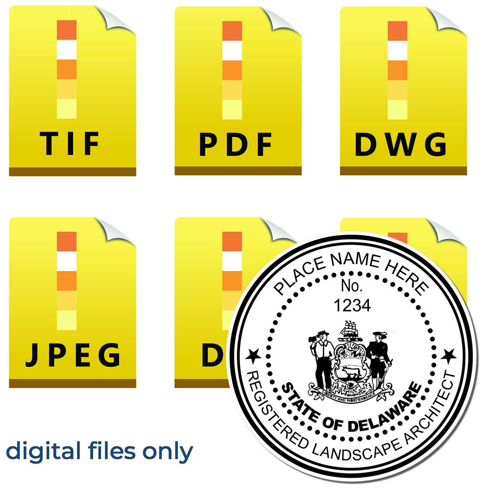 The main image for the Digital Delaware Landscape Architect Stamp depicting a sample of the imprint and electronic files