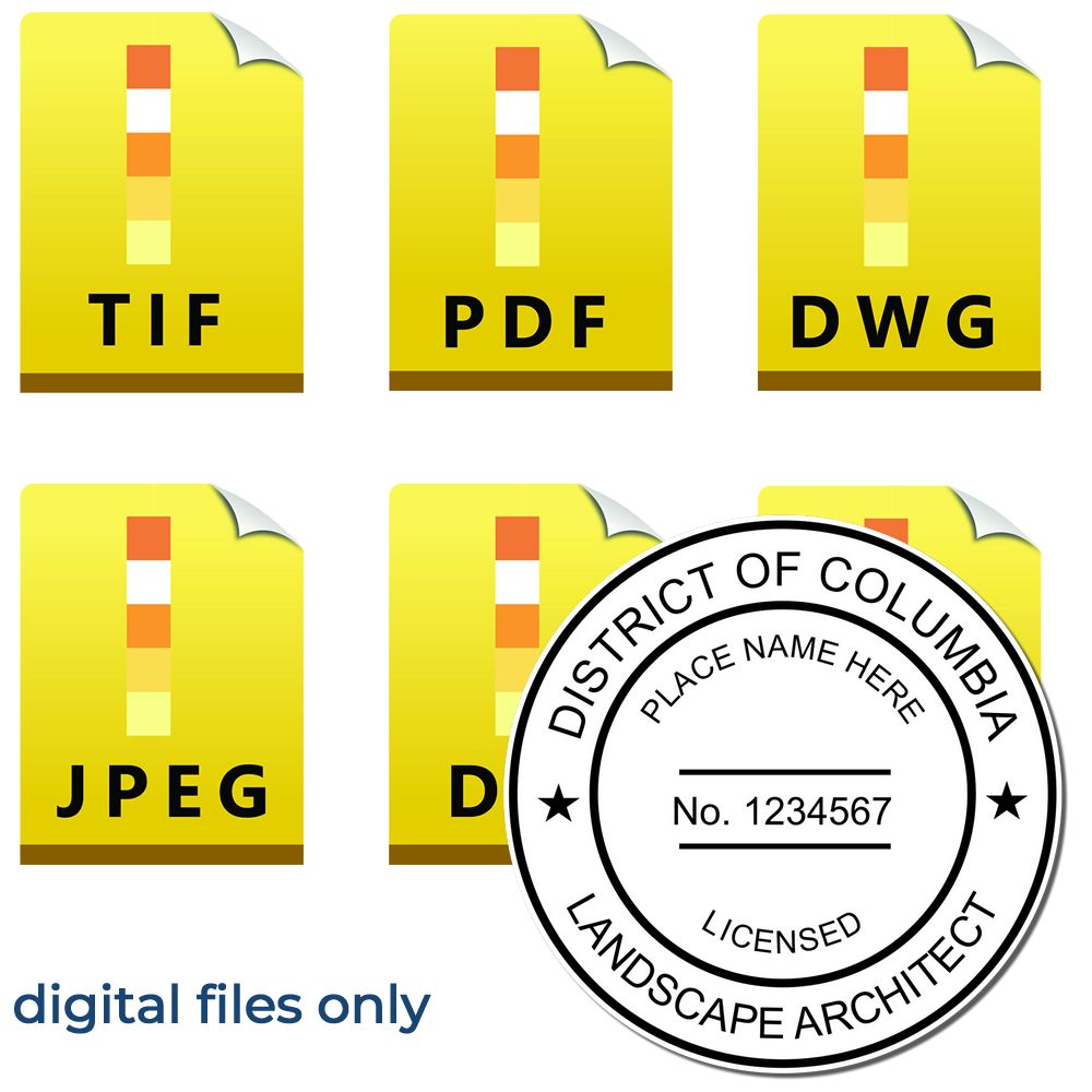 The main image for the Digital District of Columbia Landscape Architect Stamp depicting a sample of the imprint and electronic files