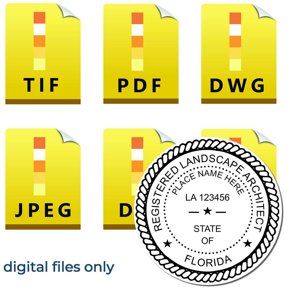 The main image for the Digital Florida Landscape Architect Stamp depicting a sample of the imprint and electronic files