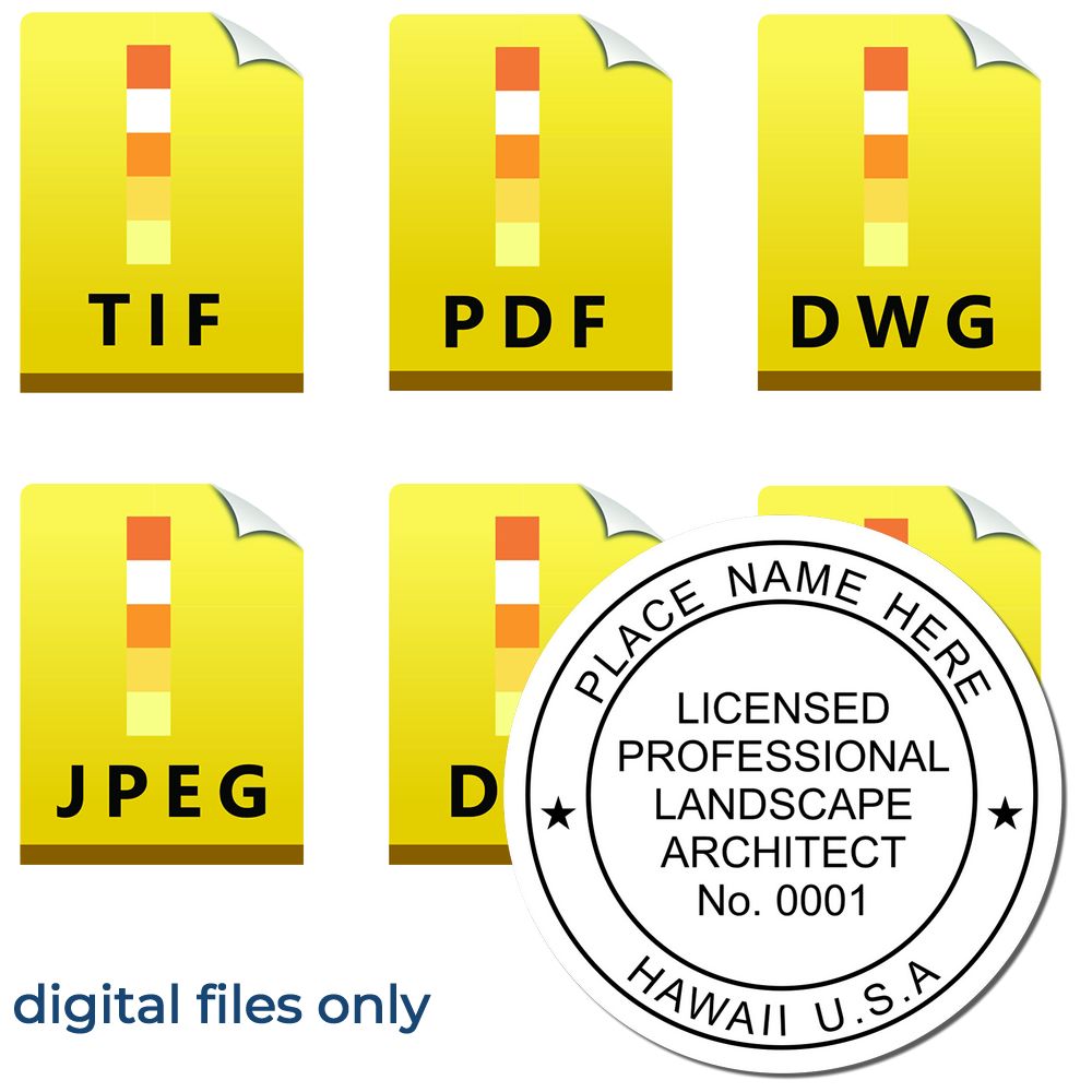 The main image for the Digital Hawaii Landscape Architect Stamp depicting a sample of the imprint and electronic files