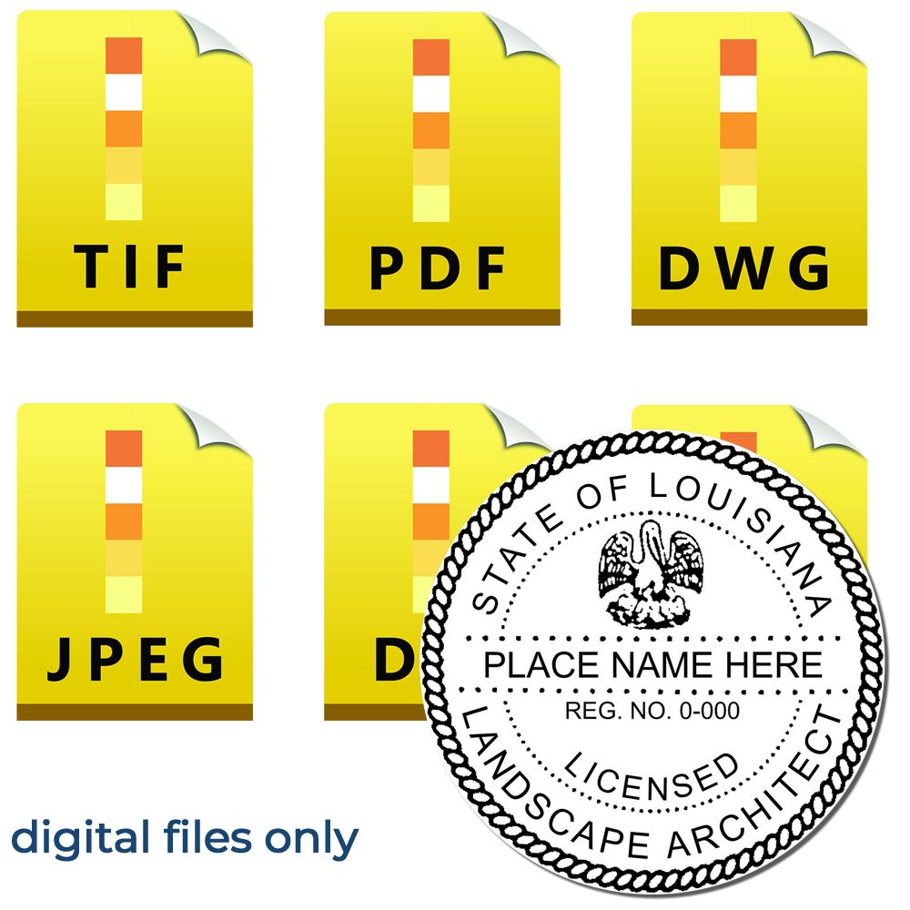The main image for the Digital Louisiana Landscape Architect Stamp depicting a sample of the imprint and electronic files