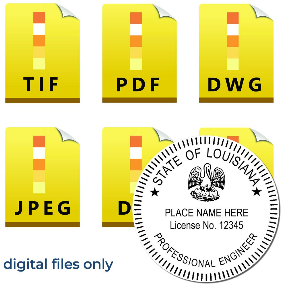 The main image for the Digital Louisiana PE Stamp and Electronic Seal for Louisiana Engineer depicting a sample of the imprint and electronic files