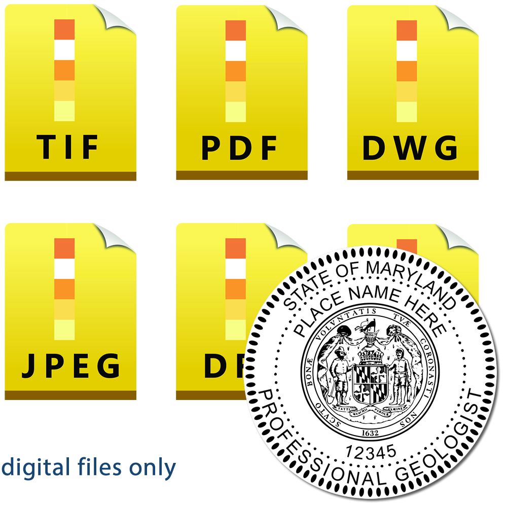 The main image for the Digital Maryland Geologist Stamp, Electronic Seal for Maryland Geologist depicting a sample of the imprint and imprint sample