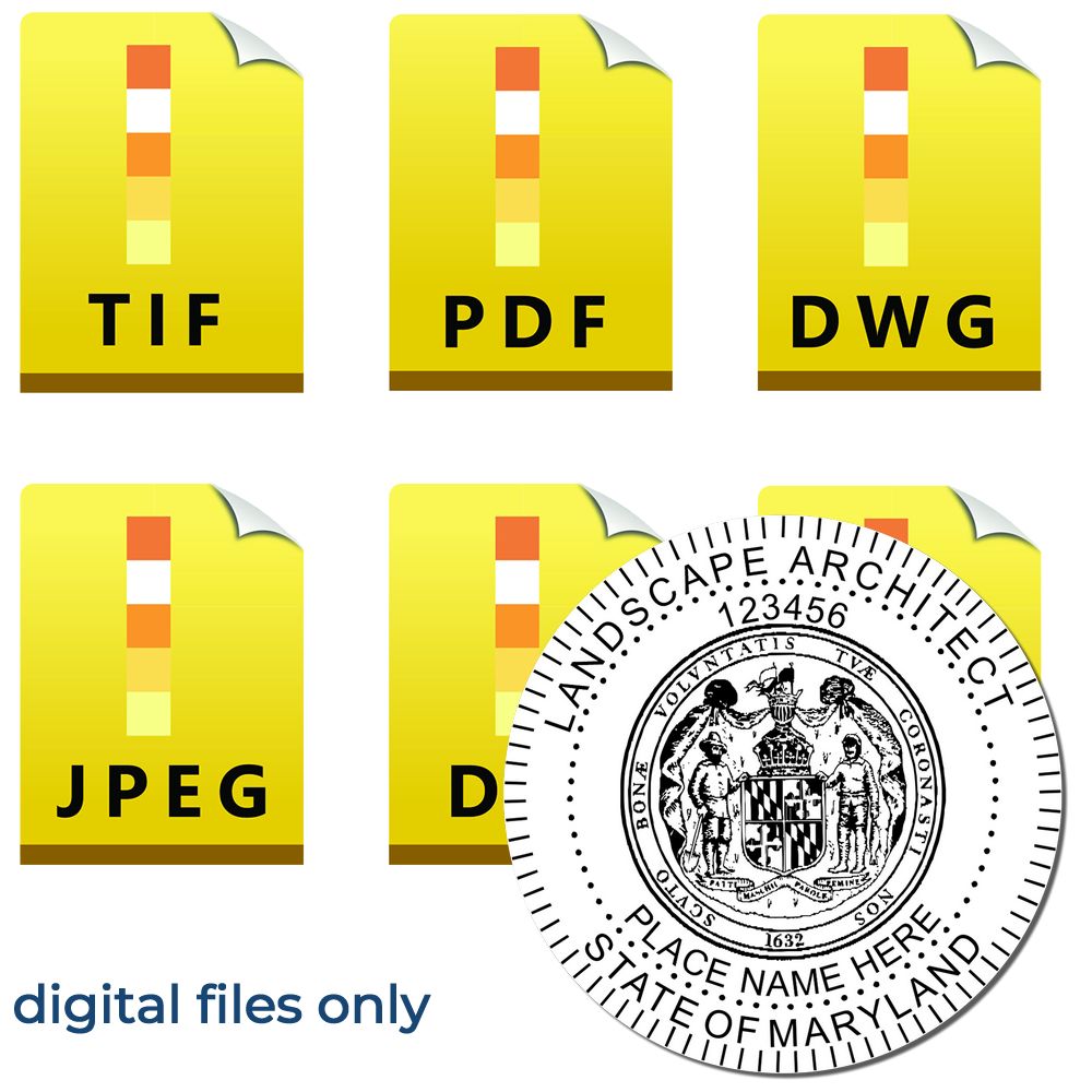 The main image for the Digital Maryland Landscape Architect Stamp depicting a sample of the imprint and electronic files