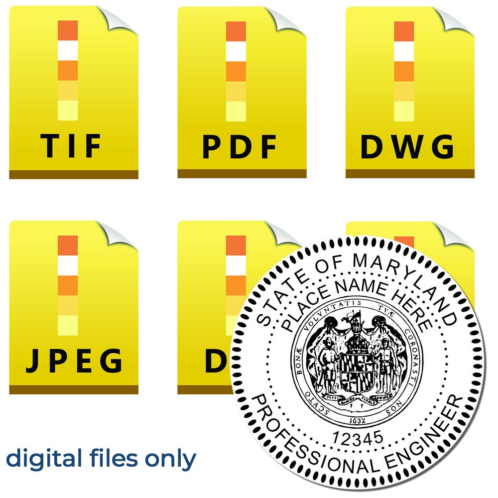 The main image for the Digital Maryland PE Stamp and Electronic Seal for Maryland Engineer depicting a sample of the imprint and electronic files