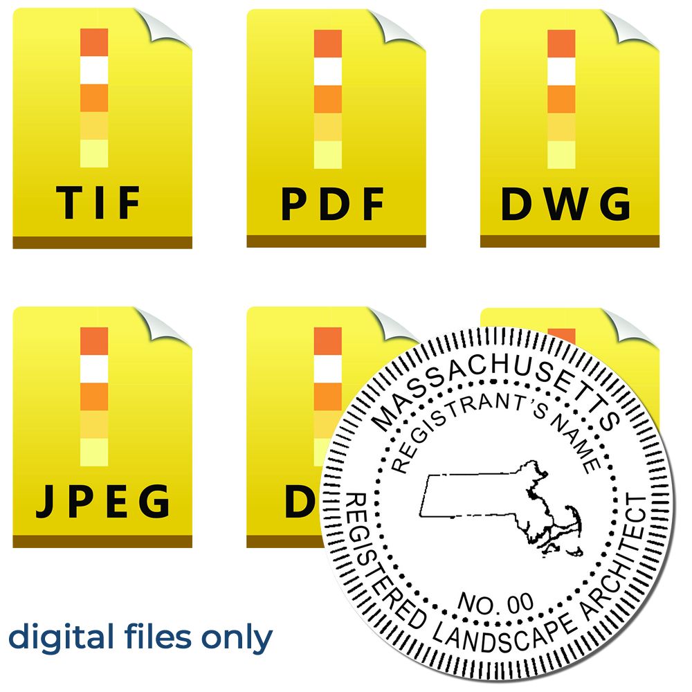 The main image for the Digital Massachusetts Landscape Architect Stamp depicting a sample of the imprint and electronic files