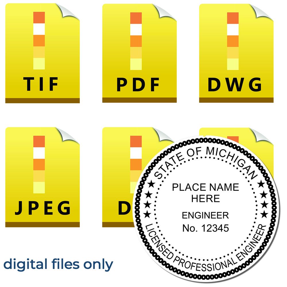 The main image for the Digital Michigan PE Stamp and Electronic Seal for Michigan Engineer depicting a sample of the imprint and electronic files