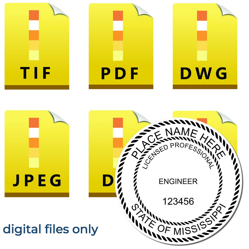 The main image for the Digital Mississippi PE Stamp and Electronic Seal for Mississippi Engineer depicting a sample of the imprint and electronic files